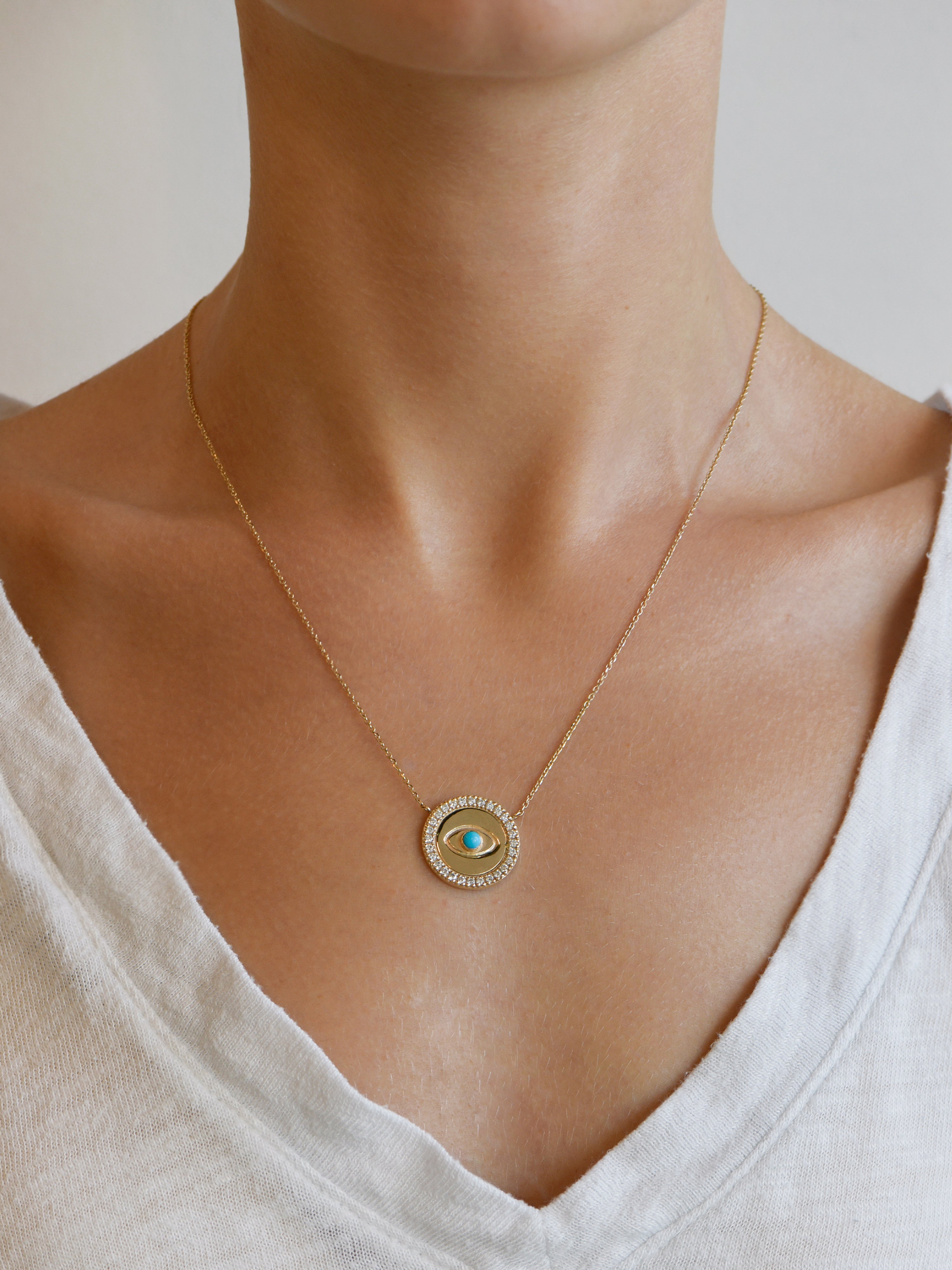 Collier Disque Mauvais Œil Royale Diamant et Turquoise