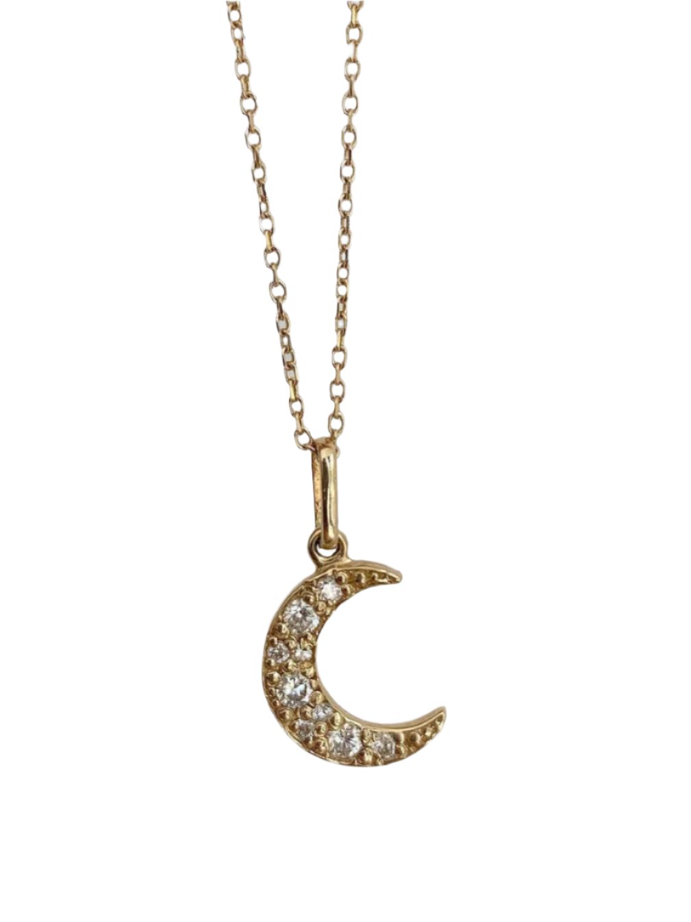 Gold and diamond moon charm on diamond cut chain