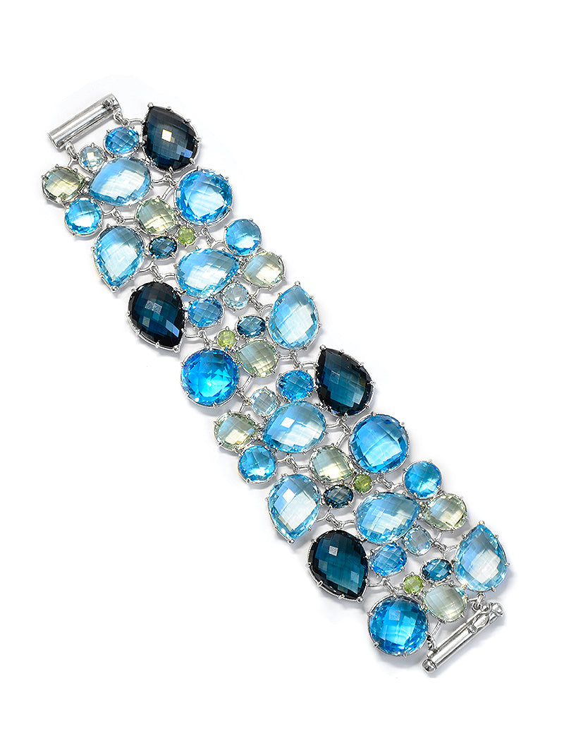 Bracelet Manchette Bouquet - Topaze Bleue Suisse, Améthyste Verte & Argent