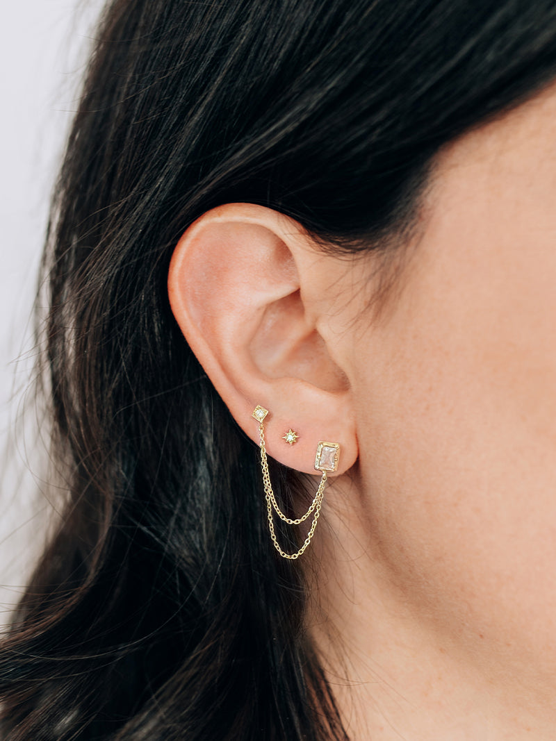 Boucle D'oreille Cleo Carré en Chaîne Baguette et Rhombe