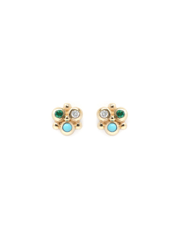 Bouquet Cluster Stud Earring in Emerald, Diamond, Turquoise