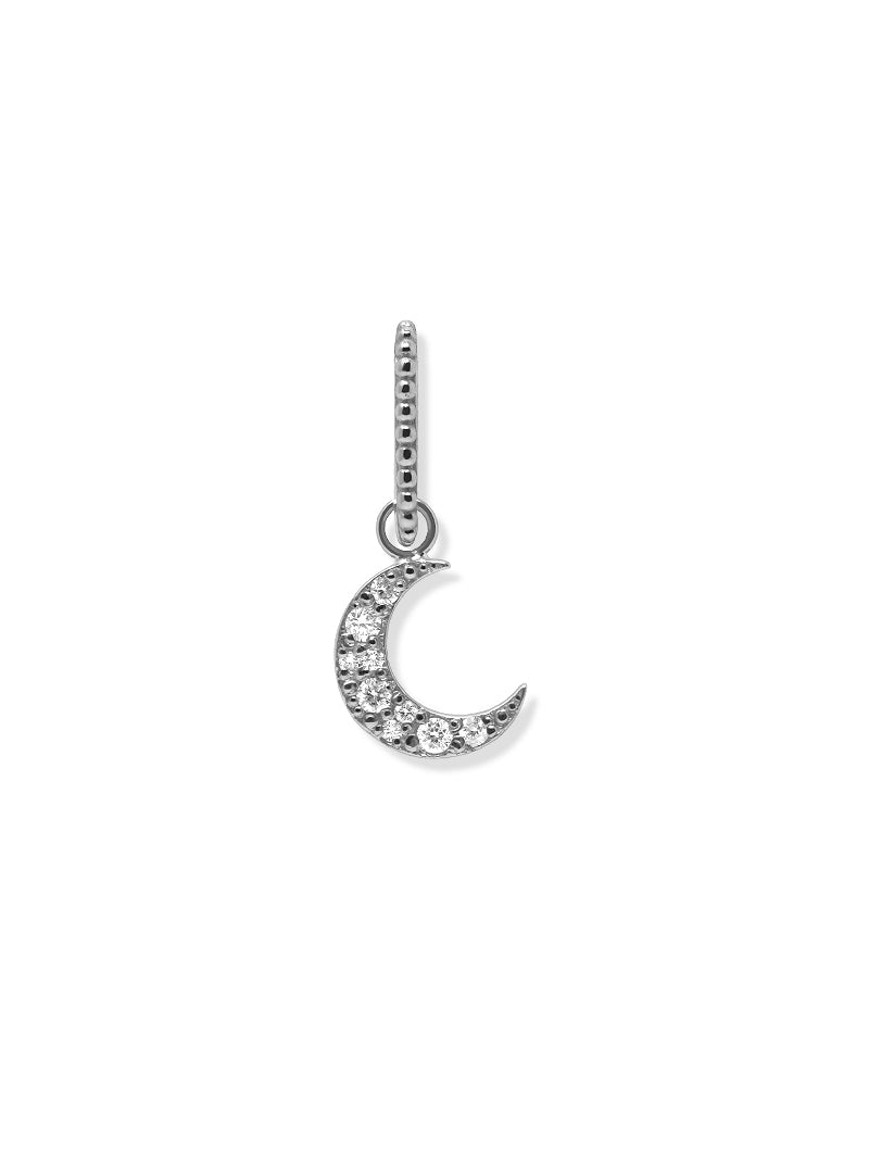 Silver and white sapphire moon crescent charm from a silver enhancer clip