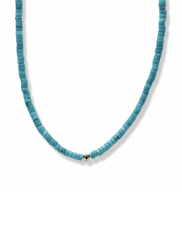 Turquoise rondelle beaded necklace with a yellow gold faceted bead in the center